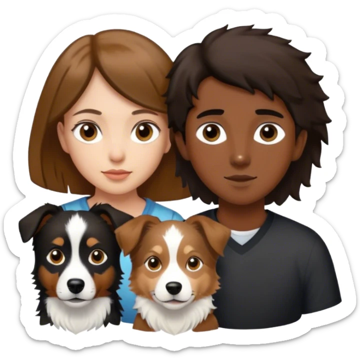 Chica morocha pelo castaño claro ojos marrones, chico con pelo corto negro y border collie marrón claro y blanco sticker