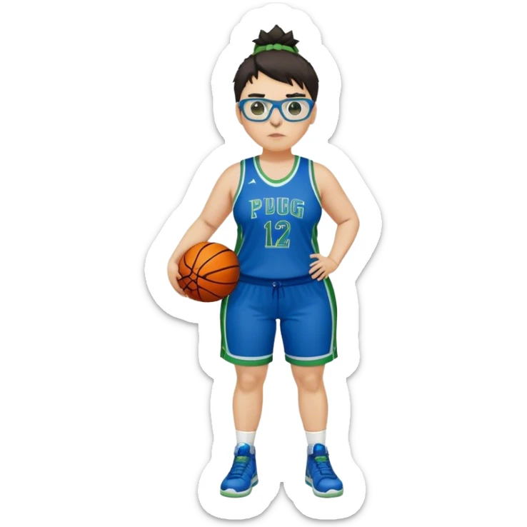 full body white plus size women basketball player pug nose with short spiky dark hair with added blond highlights wearing blue glasses wearing blue and green uniform sticker