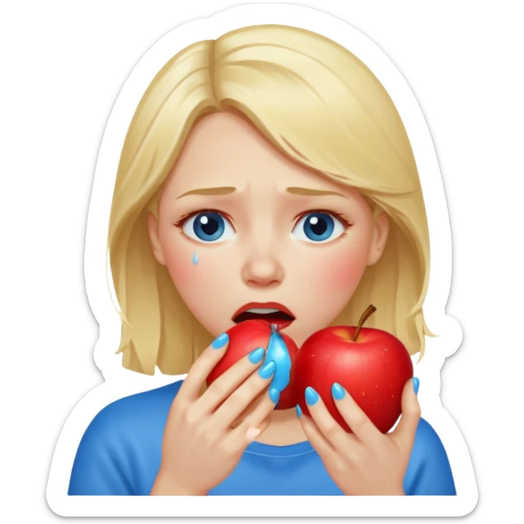 woman crying eating apple. make tears blue color and hair blonde sticker
