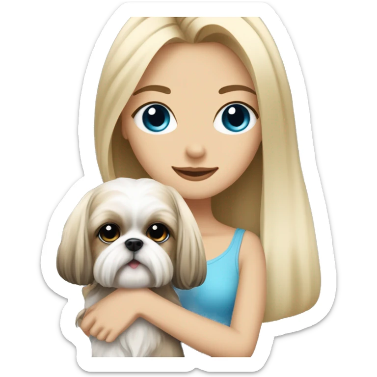 White blond girl with long hair and blue eyes holdin a small female shih tzu dog sticker