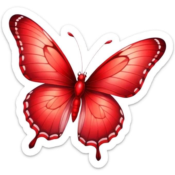 Cinematic Realistic Noble Red Butterfly Portrait Emoji, Poised and elegant, with delicate, translucent wings rendered in rich ruby and scarlet hues, a slender, graceful body with intricately detailed textures, and soft, reflective eyes, illuminated by natural light, high shine, intelligent and regal, styled with an air of refined natural splendor, focused and attentive, soft glowing outline, capturing the essence of a watchful and confident red butterfly that appears to emerge majestically from the screen! sticker
