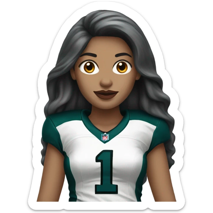 White female long dark hair red lips wearing Philadelphia Eagles jersey sticker