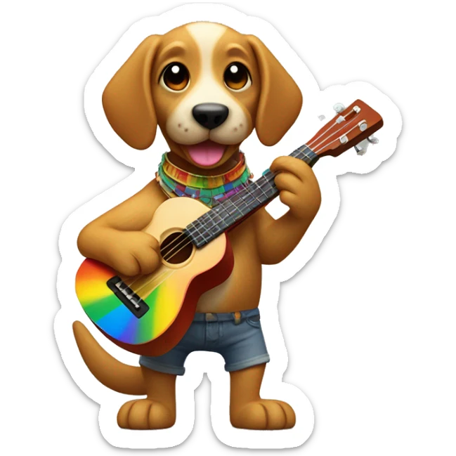rainbow dog playing the ukulele, holding an echpochmak in its hind paw and a credit card in the other hind paw sticker