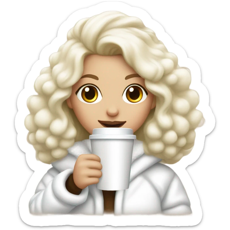 blonde girl wearing white fluffy jacket and a coffee to go in hand all dress white and a white bow on hair sticker