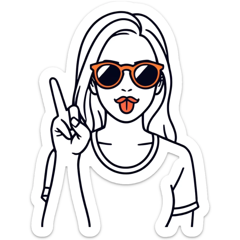 woman with sunglasses making peace sign and between her fingers to be her tongue  sticker