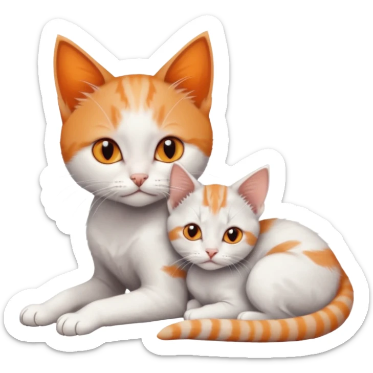 full body of very small + skinny ginger and white kitten with deep orange eyes and triangular shaped face lying down cuddling a grey and white kitten who is a bit bigger than him sticker