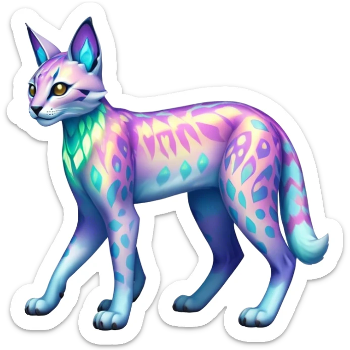 An iridescent transparent luminescent colorful lynx-caracal-serval-fakemon-Digimon-creature-hybrid sticker
