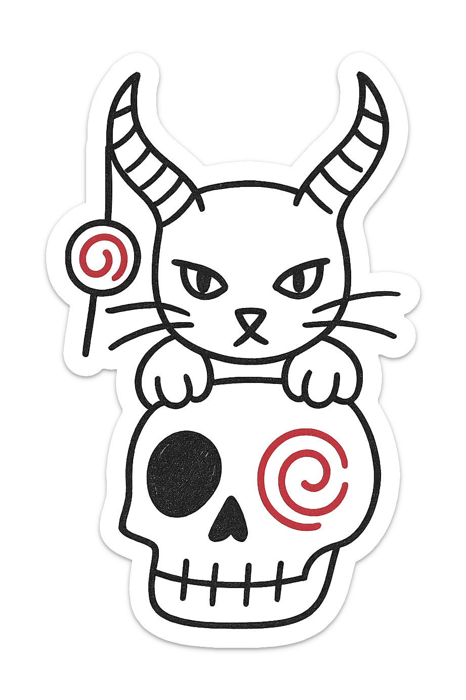 Add the iconic lollipop from the Trick 'R Treat movie hanging from one of the cat's demon horns, hand drawn style with bold lines, no fill, preserve the red spiral on the skull, transparent background. sticker