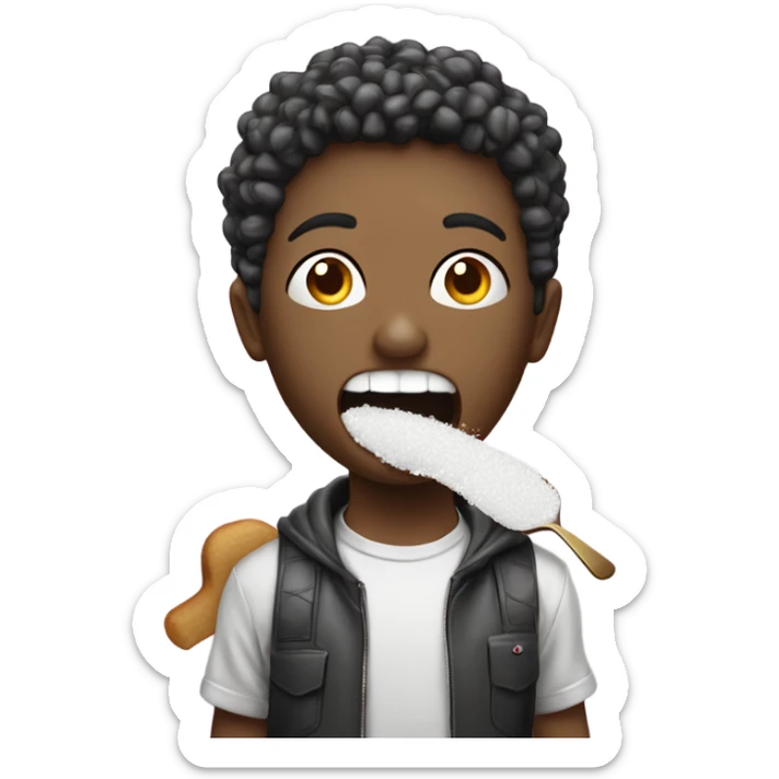 person eating sugar and has a spoon full of sugar  with sugar all over their mouth and they’re also holding a lighter sticker