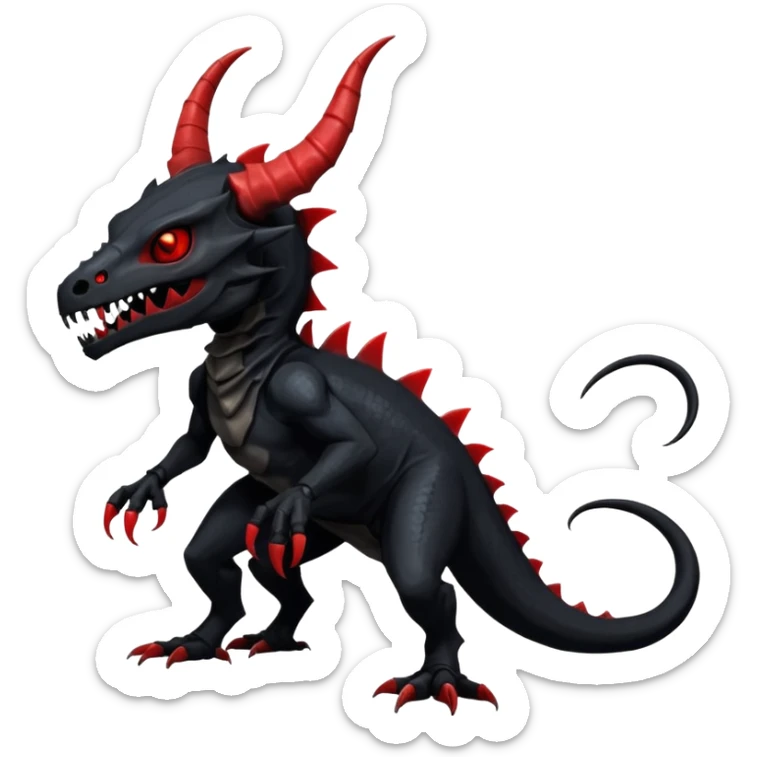 Shiny Dark Edgy  Salandit-Inteleon-Amaura-Fakémon-hybrid-creature (full body) with a horned animal-skull-mask sticker