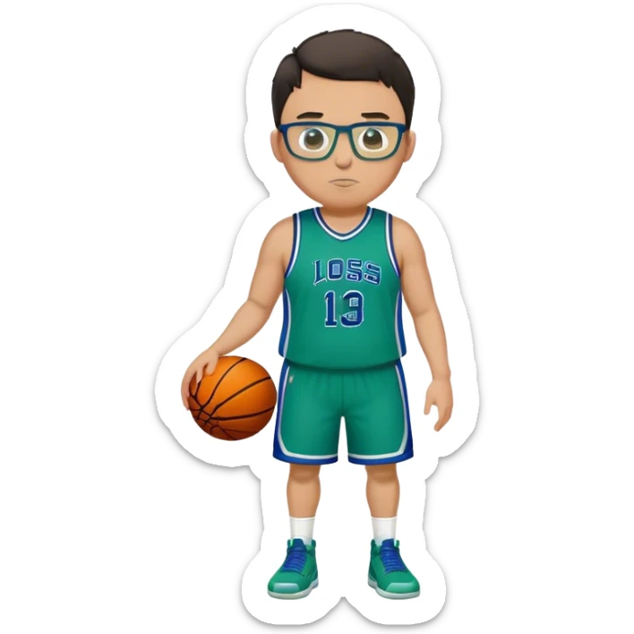 Full Body plus size tall white male with dark short hair basketball player wearing glasses wearing blue  with green uniform sticker