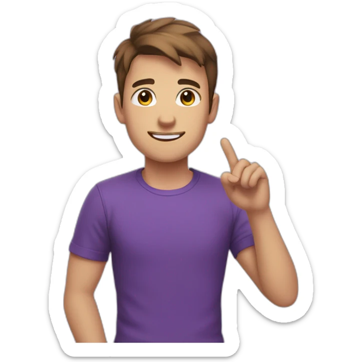 young man greeting with his hand, brown short hair, purple t-shirt, white skin, head large sticker