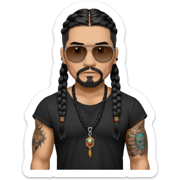 Native American/Spanish male.facial Hair on chin.
Untucked loose fitting black t-shirt. 
long black braided hair.
muscular.
Even More tattoos. 
Tough and menacing.
Dark black square sunglasses. sticker