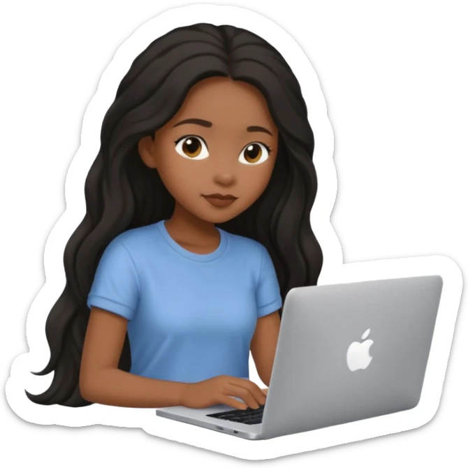 cute black girl with long hair, sitting at an Apple laptop, wearing soft aesthetic clothing sticker
