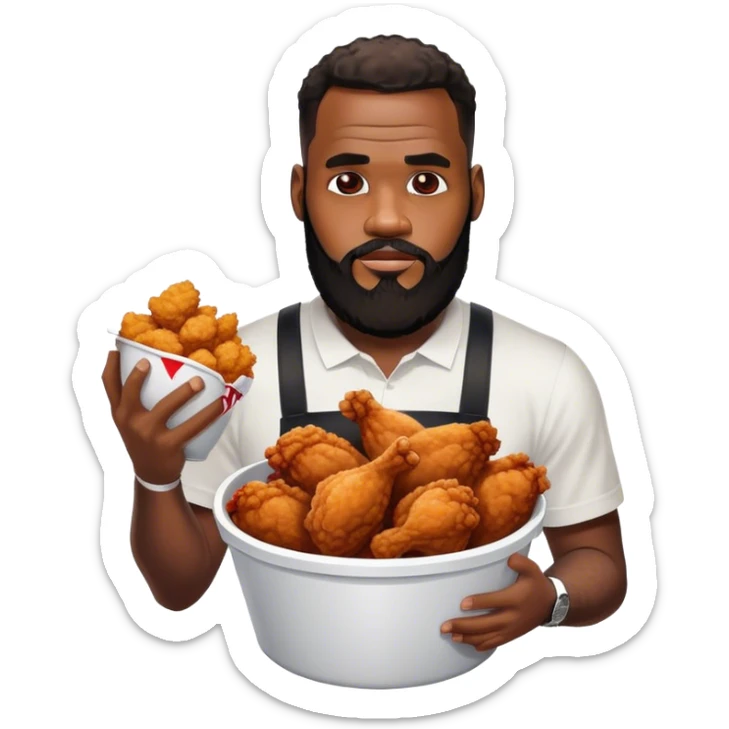 a black man with cool beard, like le bron james the basketballer with a bucket with fried chicken from KFC sticker