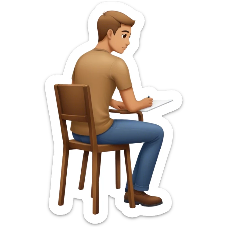 A man sits on a chair drawing with his back straight, but the chair is only halfway sitting sticker