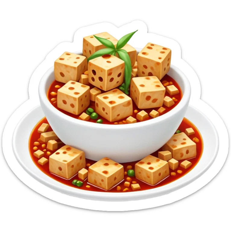 Sichuan Mapo Tofu spicy red dish with tofu cubes, simplified emoji style with bold outlines and bright colors, cartoon style national famous Chinese cuisine sticker