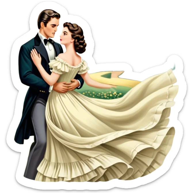 Icon for Romance Movie: A vintage movie poster-style design inspired by Gone with the Wind. Include romantic, sweeping imagery like Scarlett O'Hara in a flowing dress, Rhett Butler, a plantation backdrop, and fluttering wind-blown fabric. Soft, nostalgic cinematic feel. Transparent background. sticker