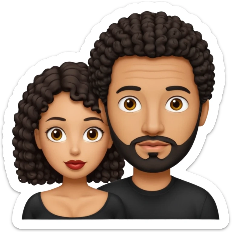 A picture of a tanned couple. the man is a Mexican man with tanned skin, black hair, a bald hair cut, short beard and wearing a black shirt. the woman is mixed, with curly medium length hair, with big boobs and lips  sticker
