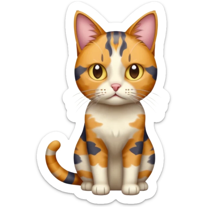 full body colourful calico tabby cat with disproportioned head with an anxious face sticker