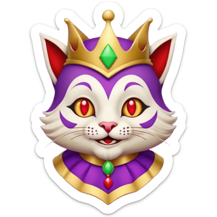 crazy colorful cute little cat jolly joker from poker, medieval, vintage, court jester, mac os icon, purple, gold and red color, half body sticker