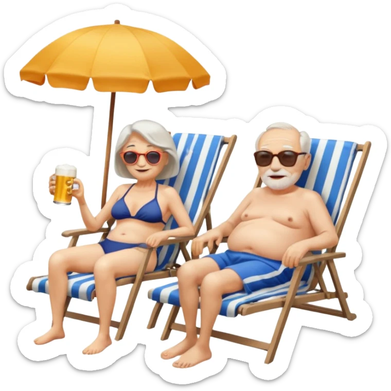 an emoji that shows elderly one slim woman in bikini and one man with dickbauch in bath shorts, both are retired and are lying in sun-chairs at the beach to recover from retiring-stress sticker