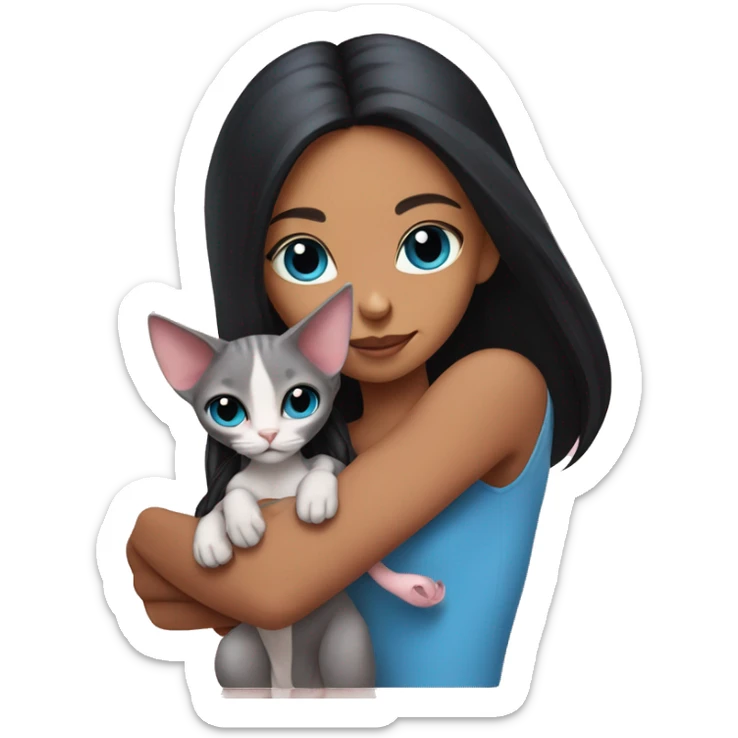 A girl with long black hair holds a pink sphinx cat with blue eyes in her arms sticker
