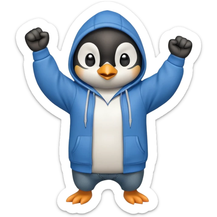 determined anthropomorphised penguin in a hoodie and jeans with fist raised, energetic pose sticker