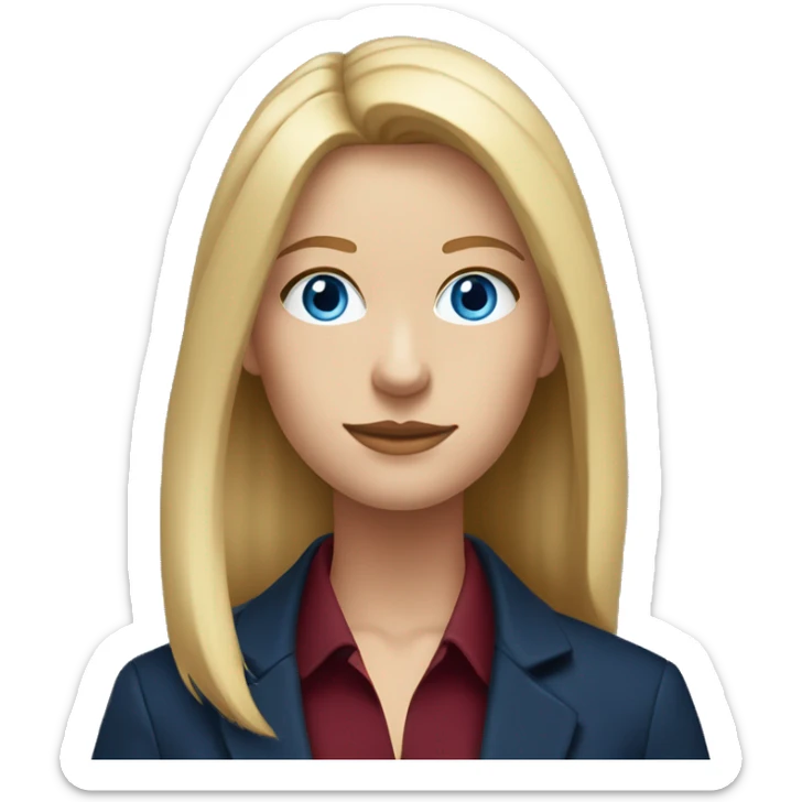 portrait of an adult girl, blue eyes, straight long bob blond hair, dark blue jacket suit, burgundy red collar under sticker