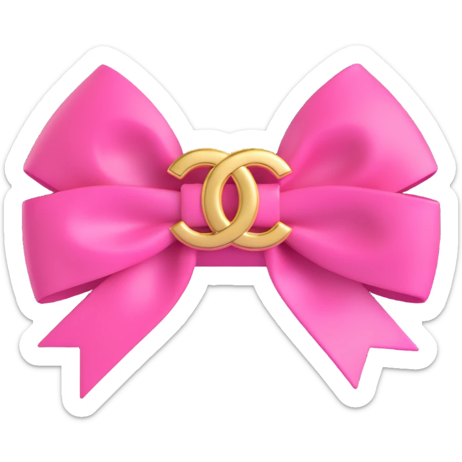 Add a gold Chanel logo to the pink bow, keep it luxurious, glossy, 3D emoji style. sticker