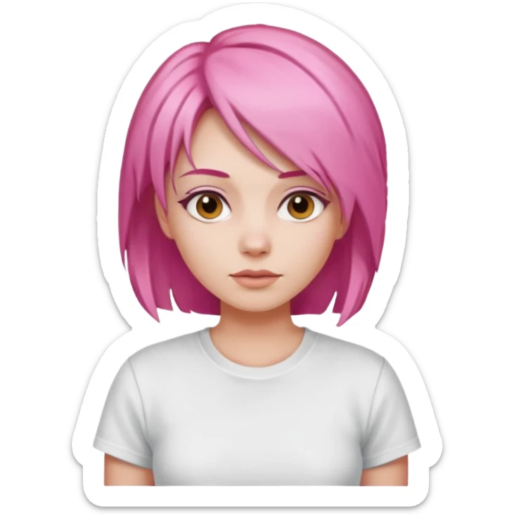 a woman with layered pink hair, wearing white t-shirt sticker