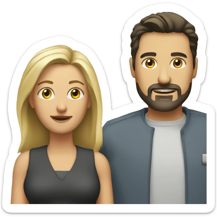 middle aged company with man with dark hair and goatee and woman with shoulder length blonde hair sticker