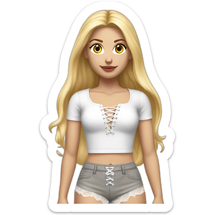 hyperrealistic caucasian female, long straight blonde hair, white lace up crop top, grey mini skirt, body view sticker