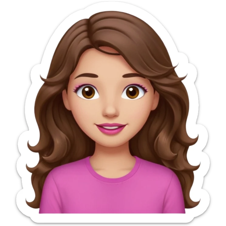 girl with long wavy brown hair, brown eyes, light to medium complexion, in a pink shirt, pink lips, long lashes, puckered lips, hallelujah sticker