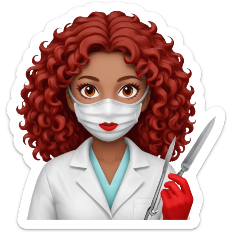 Scary woman scalpel in hand, evil surgeon sexy surgeon clothes.  She has red eyes. Her  brown long curly hair. Wears sexy doctor outfit with red gloves. make her hair free and brown but have mouthy  wear  mask  to hide. Wears white surgeon jacket and  has lon* brown hair. sticker