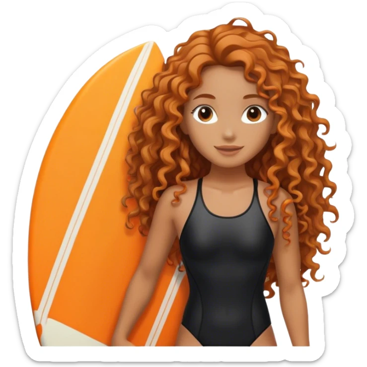 Surfer girl with black swimsuit and orange surfboard and long curly hair sticker