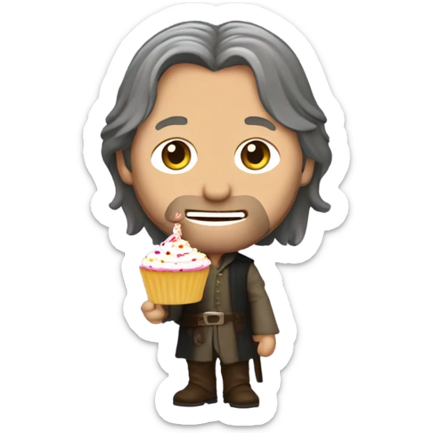Viggo Mortenson as Aragorn holding a cupcake with a birthday candle in it sticker
