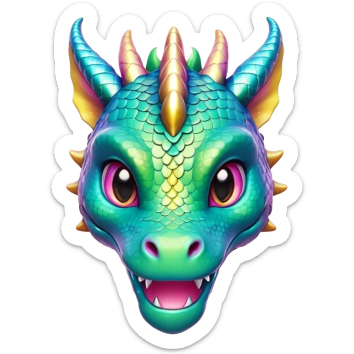 Cinematic Cute Dragon Portrait Emoji, Head tilted playfully and inquisitively, with a sleek, serpentine body adorned in iridescent scales and a charming, expressive face featuring subtle, delicate horns, round, sparkling eyes brimming with curious magic, Simplified yet irresistibly adorable features, highly detailed, glowing with a warm, enchanting glow, high shine, affectionate and mystical, stylized with a touch of whimsical fantasy, soft glowing outline, capturing the essence of a mischievous yet loving dragon that feels like it could slither out of the screen into your arms! sticker