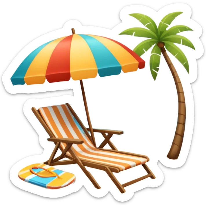 Icon for Beach Tourism: a sandy beach with a lounge chair, sun umbrella and flip-flops, ocean landscape in the background. The icon should capture the relaxation and fun of a beach vacation. Transparent background sticker