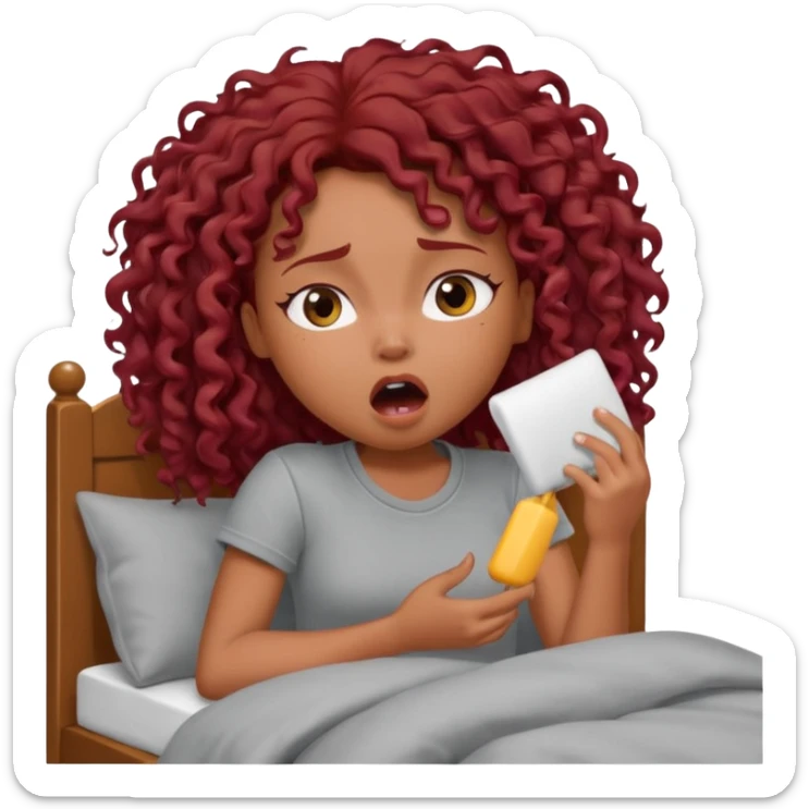 generate a pretty bratz brown skinned girl curly dark red hair, yawning in bed in a grey tshirt bored. sticker
