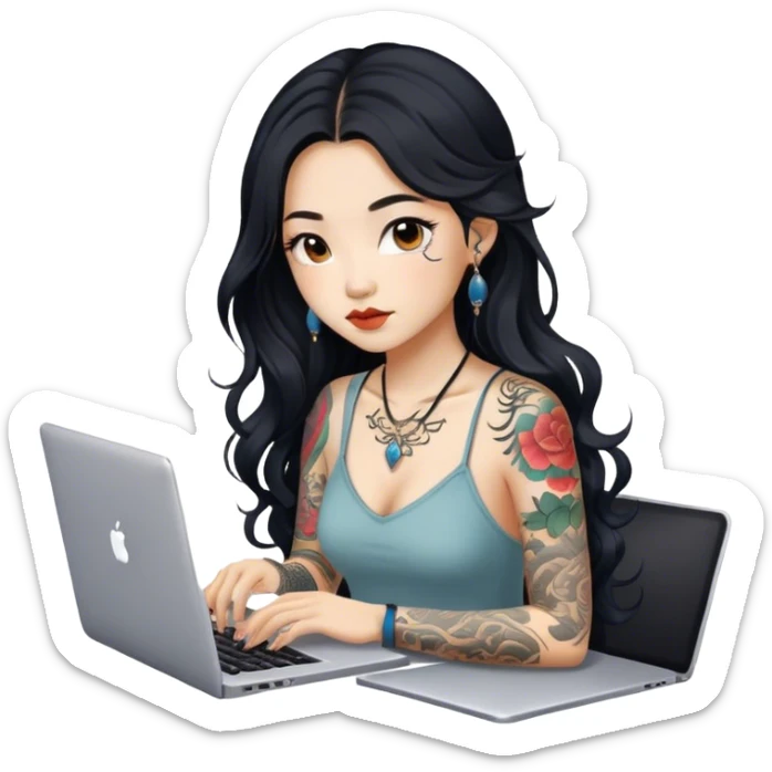 beautiful girl, with tattoos, with long black hair, wavy hair, chinese, with laptop sticker