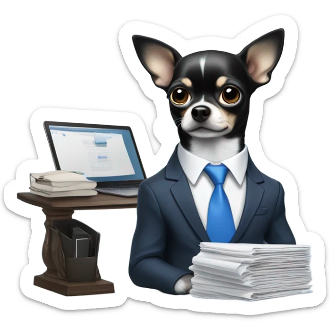 Black and white chihuahua that is running a large company and wears a blue suit with a blue tie sticker