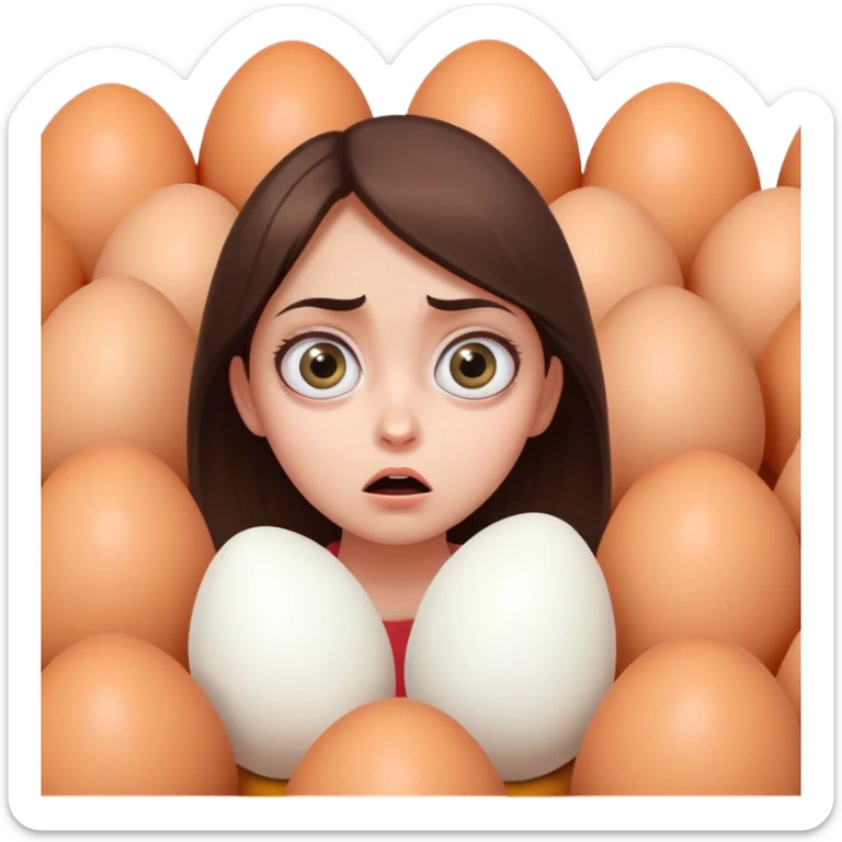 The girl looks with big eyes with fear at the huge eggs sticker