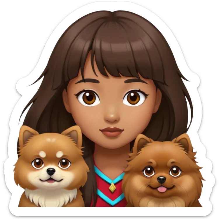 filipino girl with bangs and a brown pomeranian and a tibetan spaniel  sticker