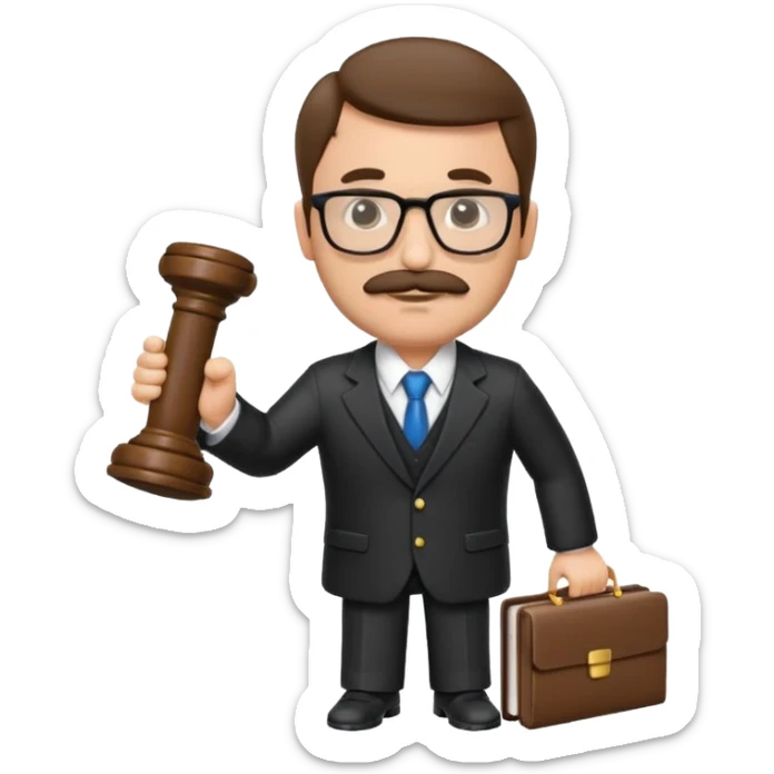 “Create a clean, modern emoji-style illustration of a male lawyer. He is wearing a formal suit jacket. He is holding a judge’s gavel (QUE SE VE DE COSTADO) in one hand and has a law book tucked under his arm. He has a mustache and a short beard, and GLASSES sticker