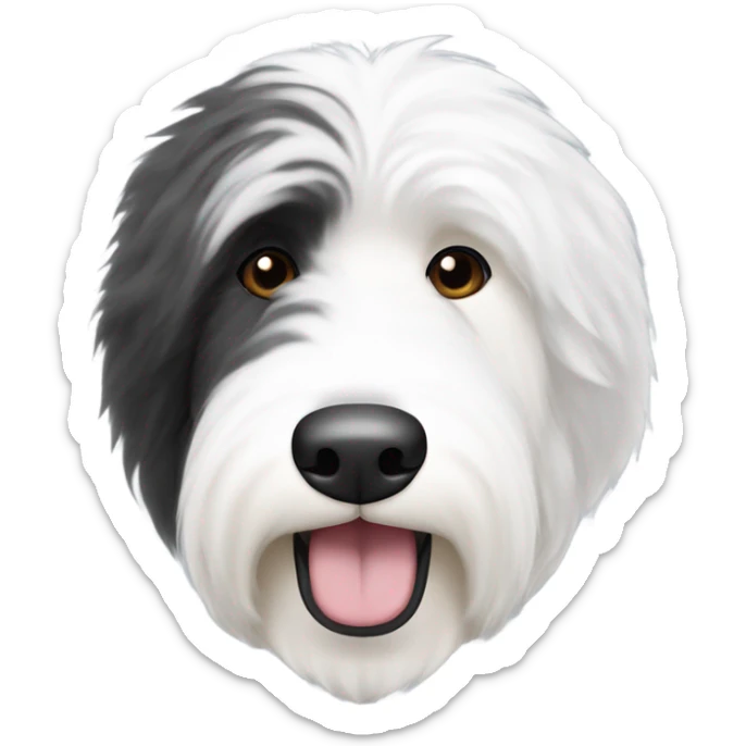 Old English sheepdog face with the right half of his face white and the left half of his face black. White around the mouth and nose sticker