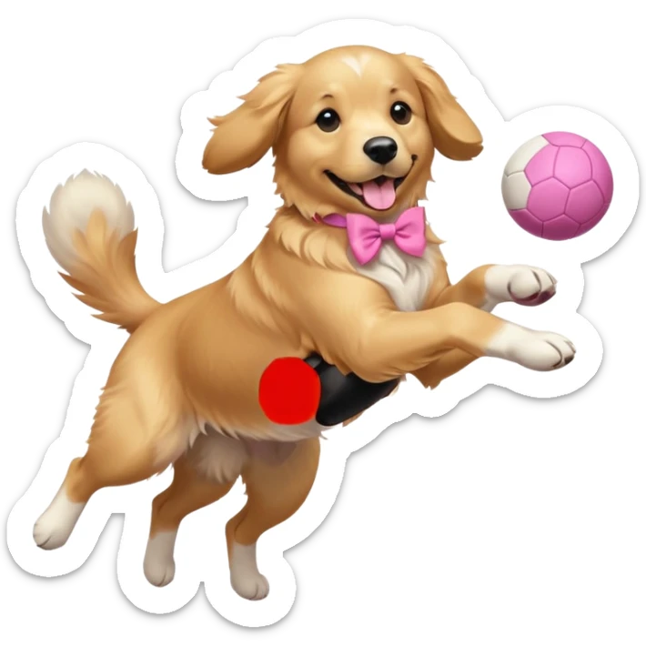 girly dog with a pink bow jumping in the air to catch a ball sticker