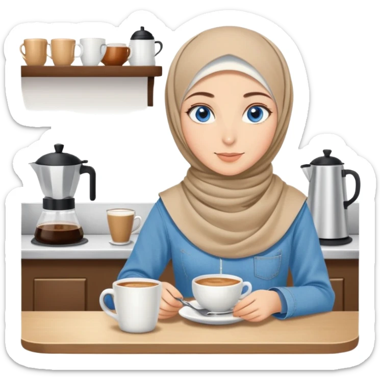 Turkish beautiful finish Konya two girls blue eyes with beige denim hijab islamic dress and make breakfast in coffeehouse sticker