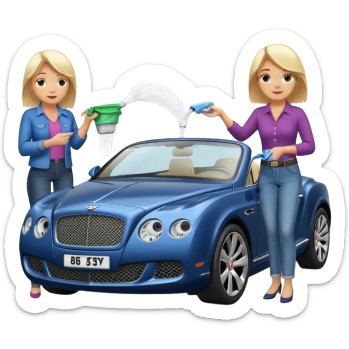 A fatter old blond lady in blue jeans washing a black Bentley car. show the full car and the lady next to it. show the face smaller and the person standing beside it sticker