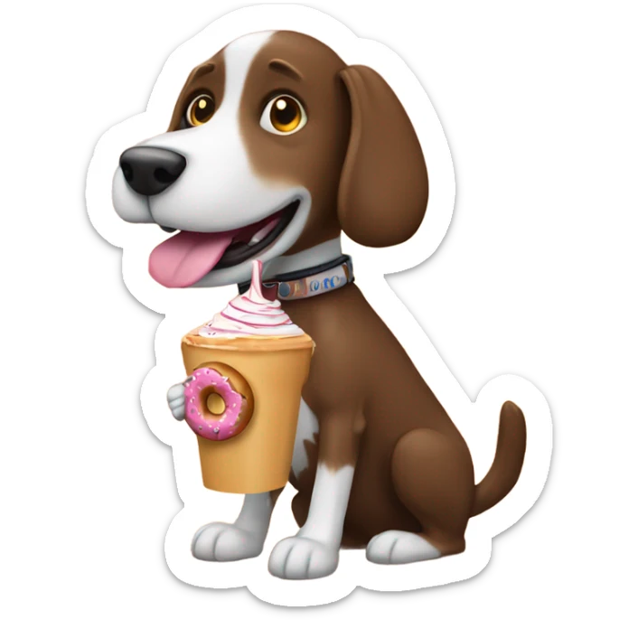 A dog riding a donut in the desert with a chocolate milkshake in his mouth  sticker